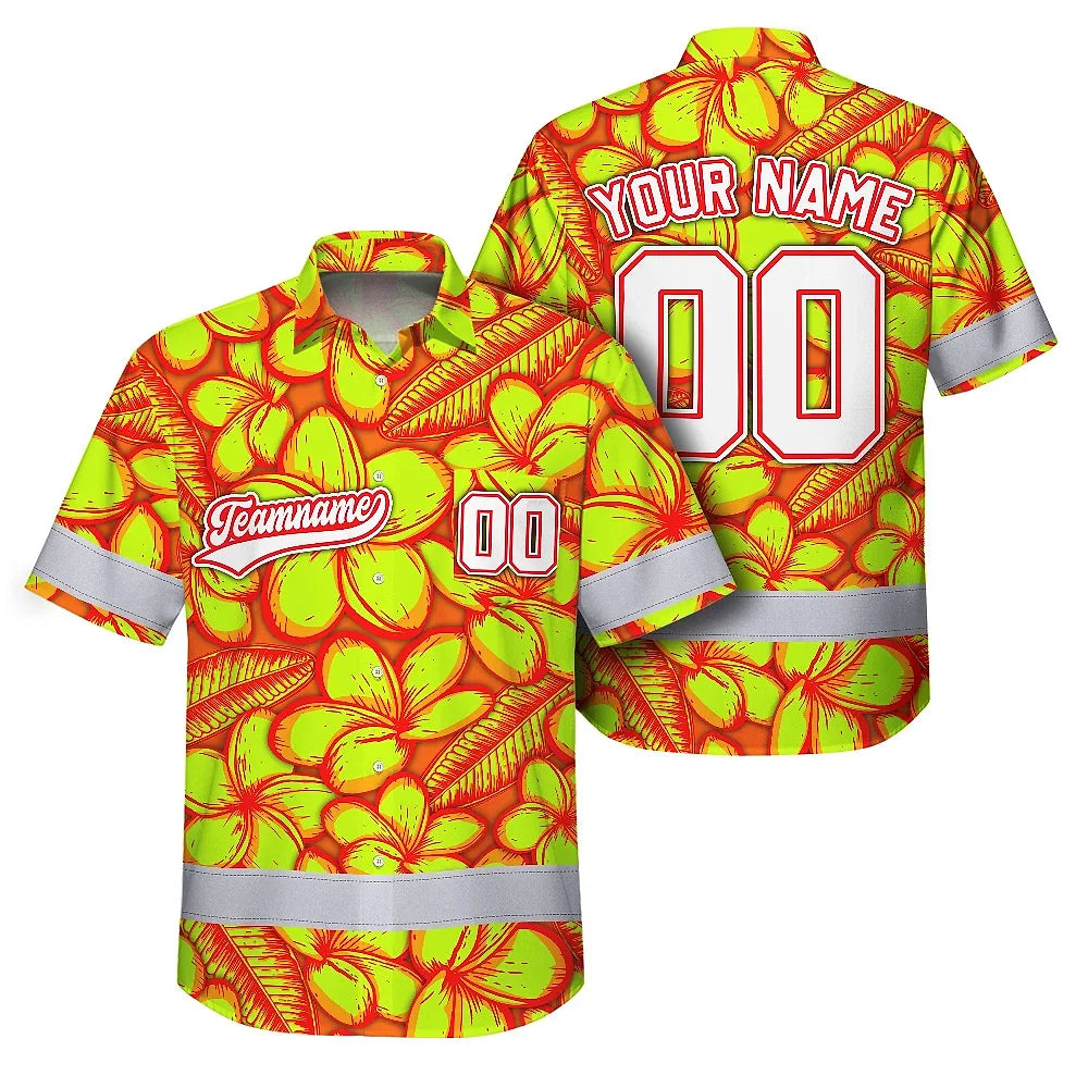 Hi Vis Team Hawaiian Shirt Reflective Tapes Orange Lime Flower Custom Name And Number Safety Workwear For Baseball Team Workers, Truckers, Operators