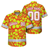 Hi Vis Team Hawaiian Shirt Reflective Tapes Orange Lime Flower Custom Name And Number Safety Workwear For Baseball Team Workers, Truckers, Operators
