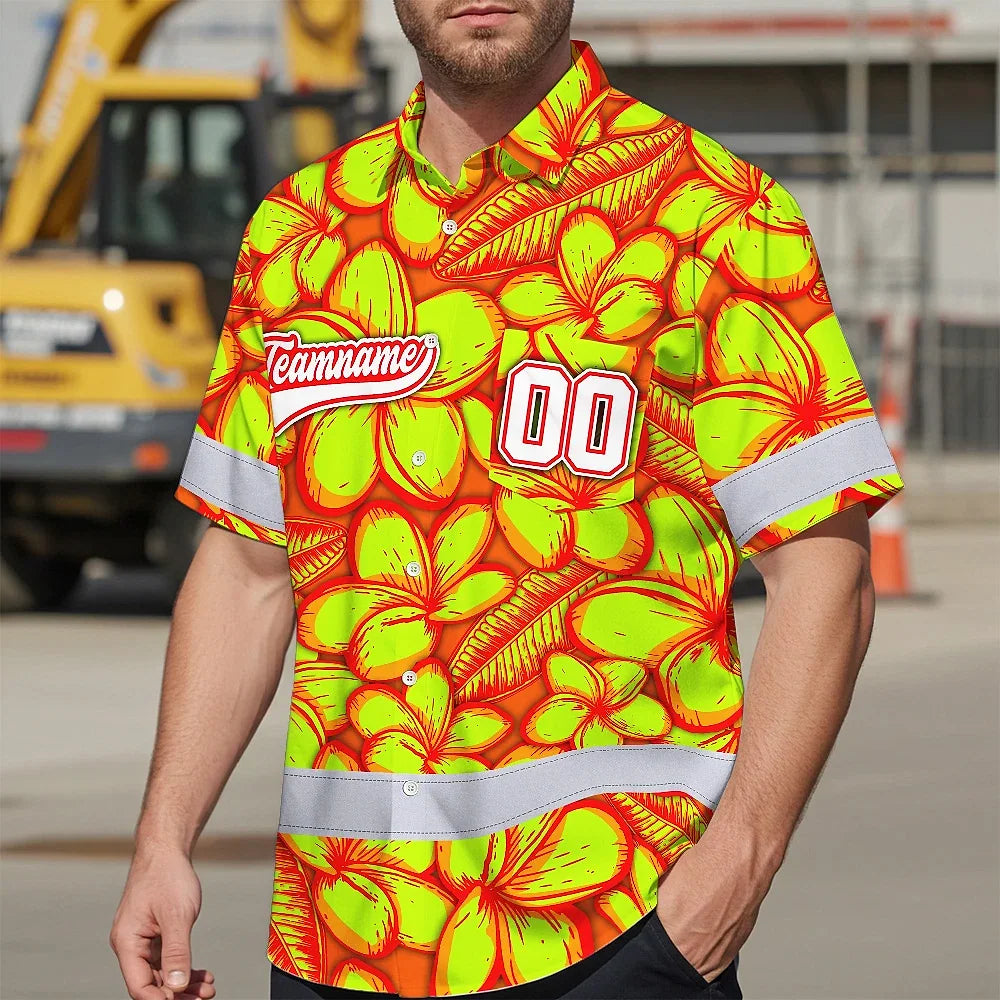Hi Vis Team Hawaiian Shirt Reflective Tapes Orange Lime Flower Custom Name And Number Safety Workwear For Baseball Team Workers, Truckers, Operators