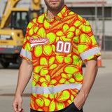 Hi Vis Team Hawaiian Shirt Reflective Tapes Orange Lime Flower Custom Name And Number Safety Workwear For Baseball Team Workers, Truckers, Operators