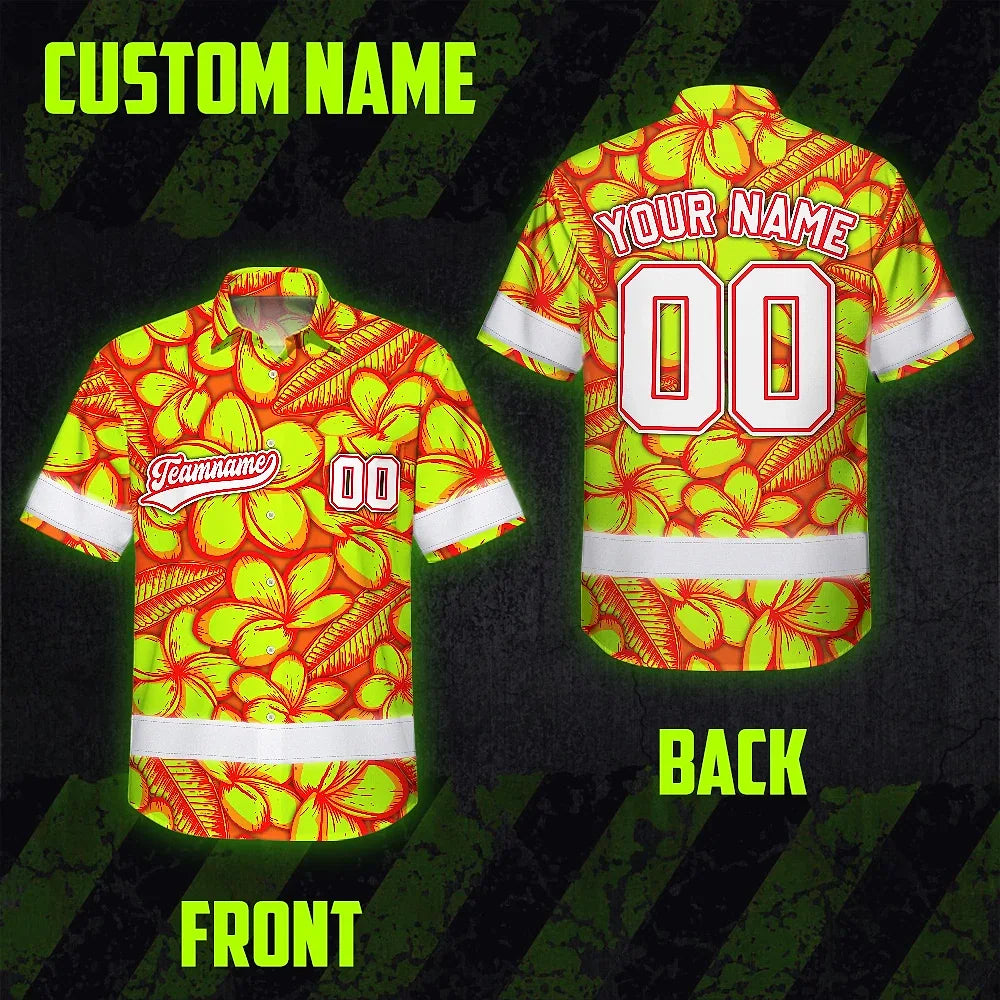 Hi Vis Team Hawaiian Shirt Reflective Tapes Orange Lime Flower Custom Name And Number Safety Workwear For Baseball Team Workers, Truckers, Operators