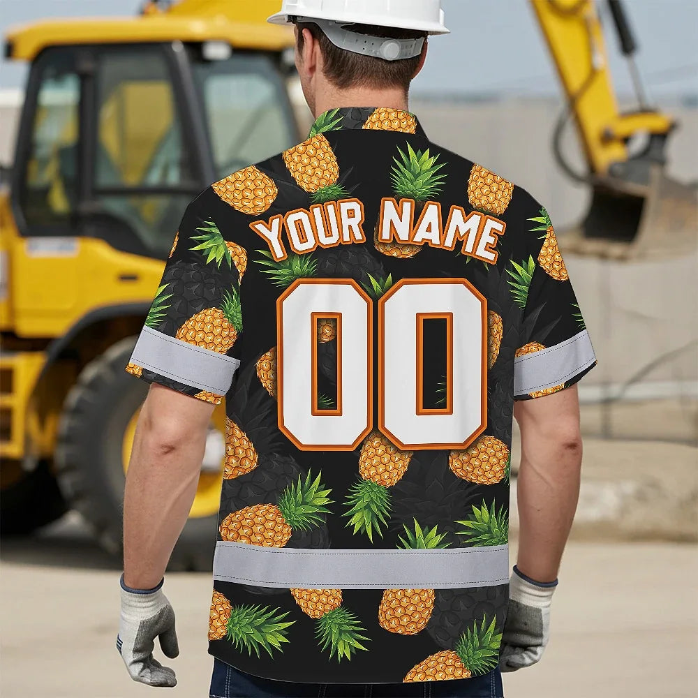 Hi Vis Team Hawaiian Shirt Reflective Tapes Orange Pineapple Custom Name And Number Safety Workwear For Baseball Team, Workers, Truckers, Operators