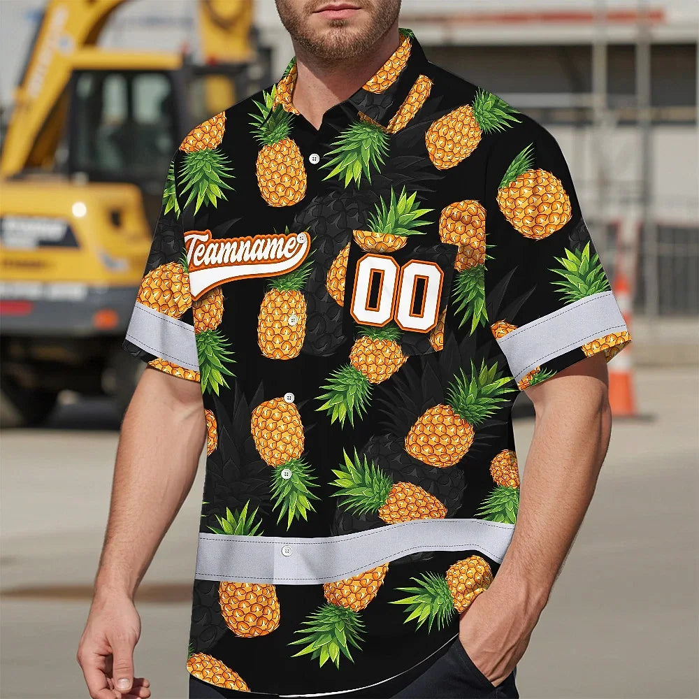 Hi Vis Team Hawaiian Shirt Reflective Tapes Orange Pineapple Custom Name And Number Safety Workwear For Baseball Team, Workers, Truckers, Operators
