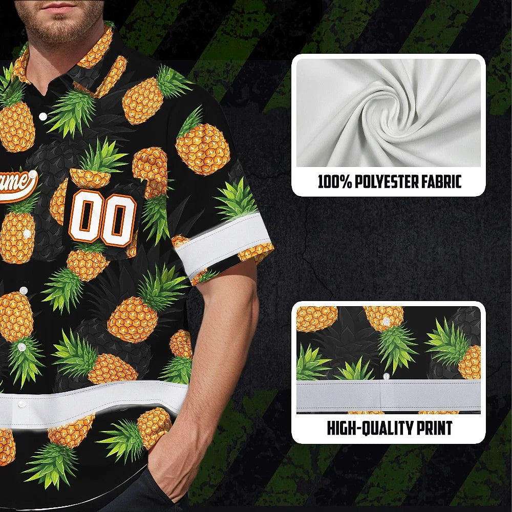 Hi Vis Team Hawaiian Shirt Reflective Tapes Orange Pineapple Custom Name And Number Safety Workwear For Baseball Team, Workers, Truckers, Operators
