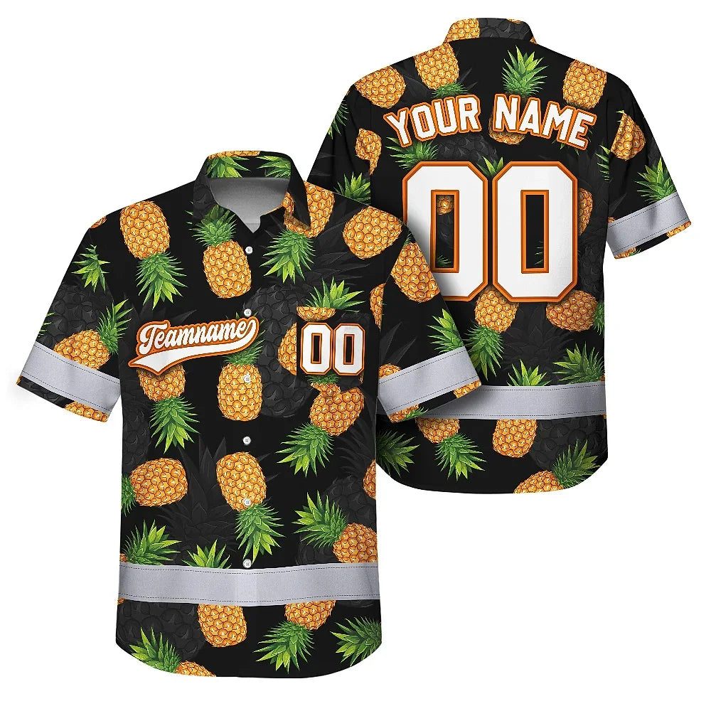 Hi Vis Team Hawaiian Shirt Reflective Tapes Orange Pineapple Custom Name And Number Safety Workwear For Baseball Team, Workers, Truckers, Operators