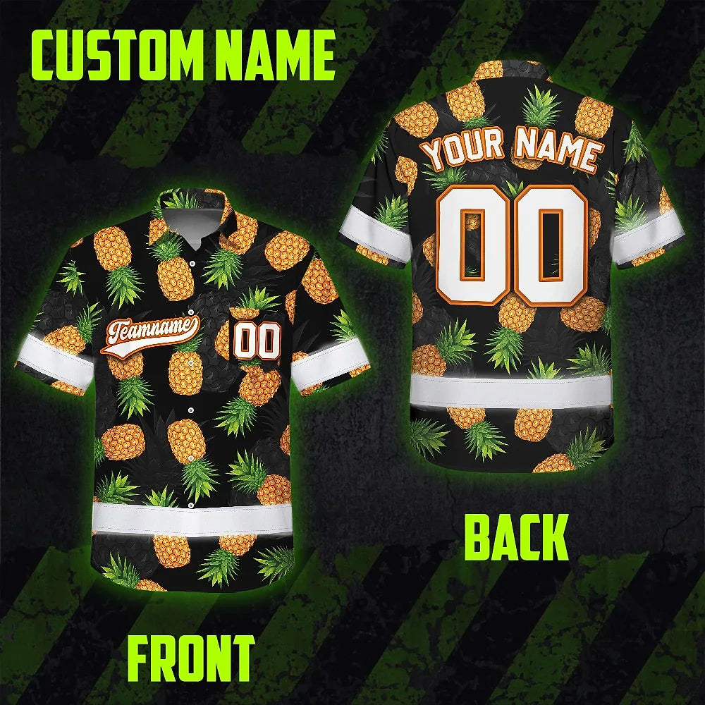 Hi Vis Team Hawaiian Shirt Reflective Tapes Orange Pineapple Custom Name And Number Safety Workwear For Baseball Team, Workers, Truckers, Operators