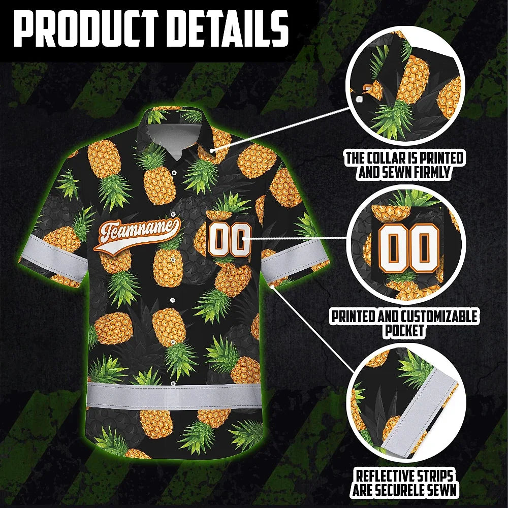 Hi Vis Team Hawaiian Shirt Reflective Tapes Orange Pineapple Custom Name And Number Safety Workwear For Baseball Team, Workers, Truckers, Operators