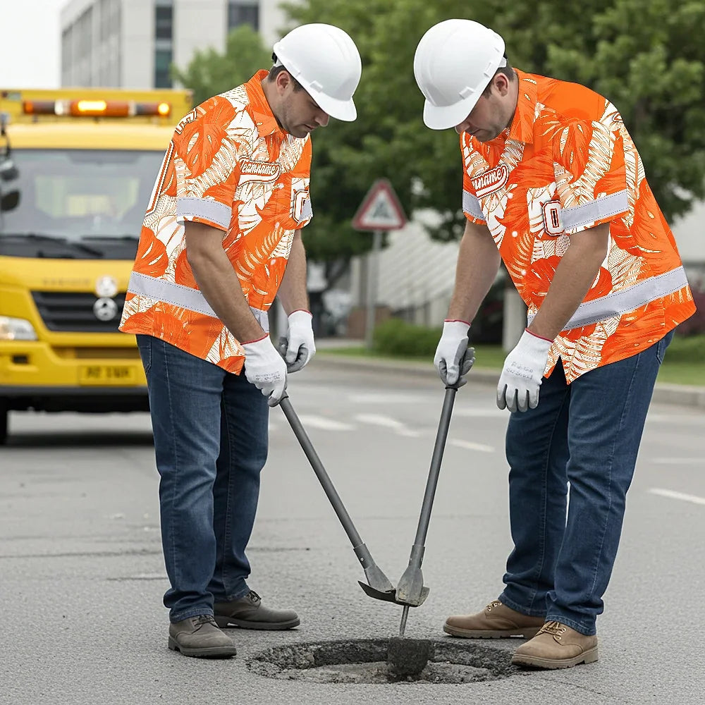 Hi Vis Team Hawaiian Shirt Reflective Tapes Orange White Flower Custom Name And Number Safety Workwear For Baseball Team Workers, Truckers, Operators