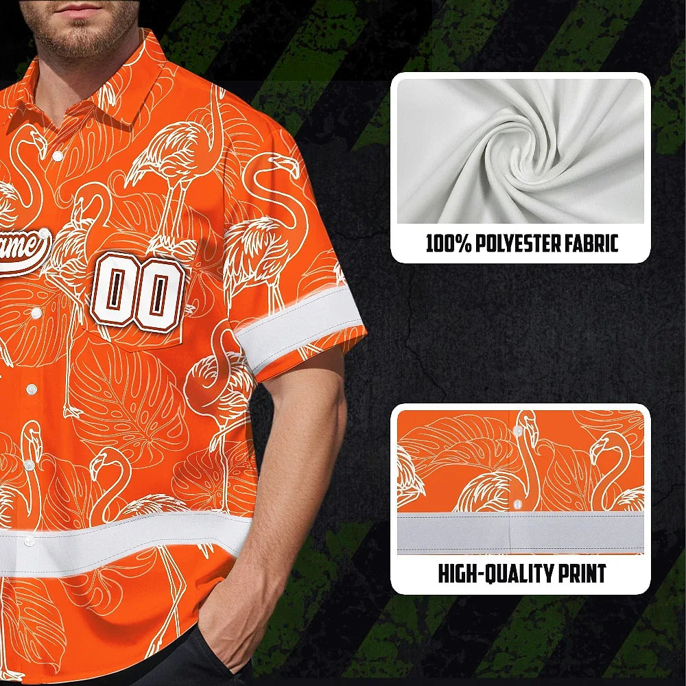 Hi Vis Team Hawaiian Shirt Reflective Tapes Orange White Flower Custom Name And Number Safety Workwear For Baseball Team Workers, Truckers, Operators