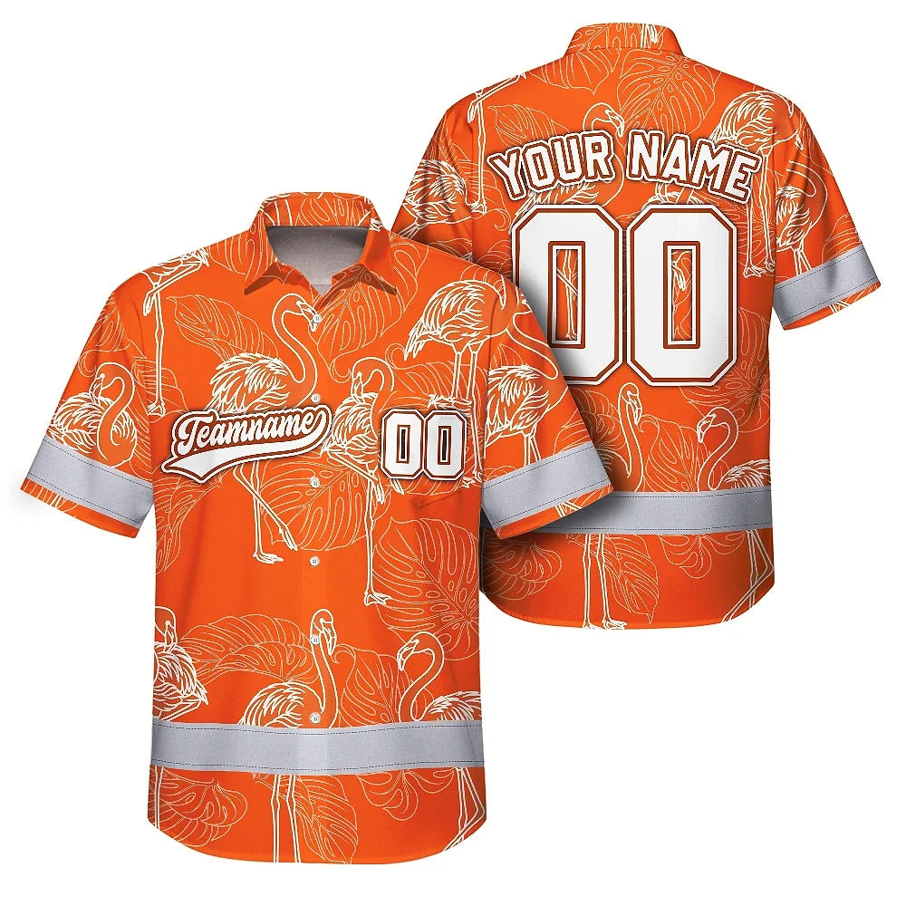 Hi Vis Team Hawaiian Shirt Reflective Tapes Orange White Flower Custom Name And Number Safety Workwear For Baseball Team Workers, Truckers, Operators