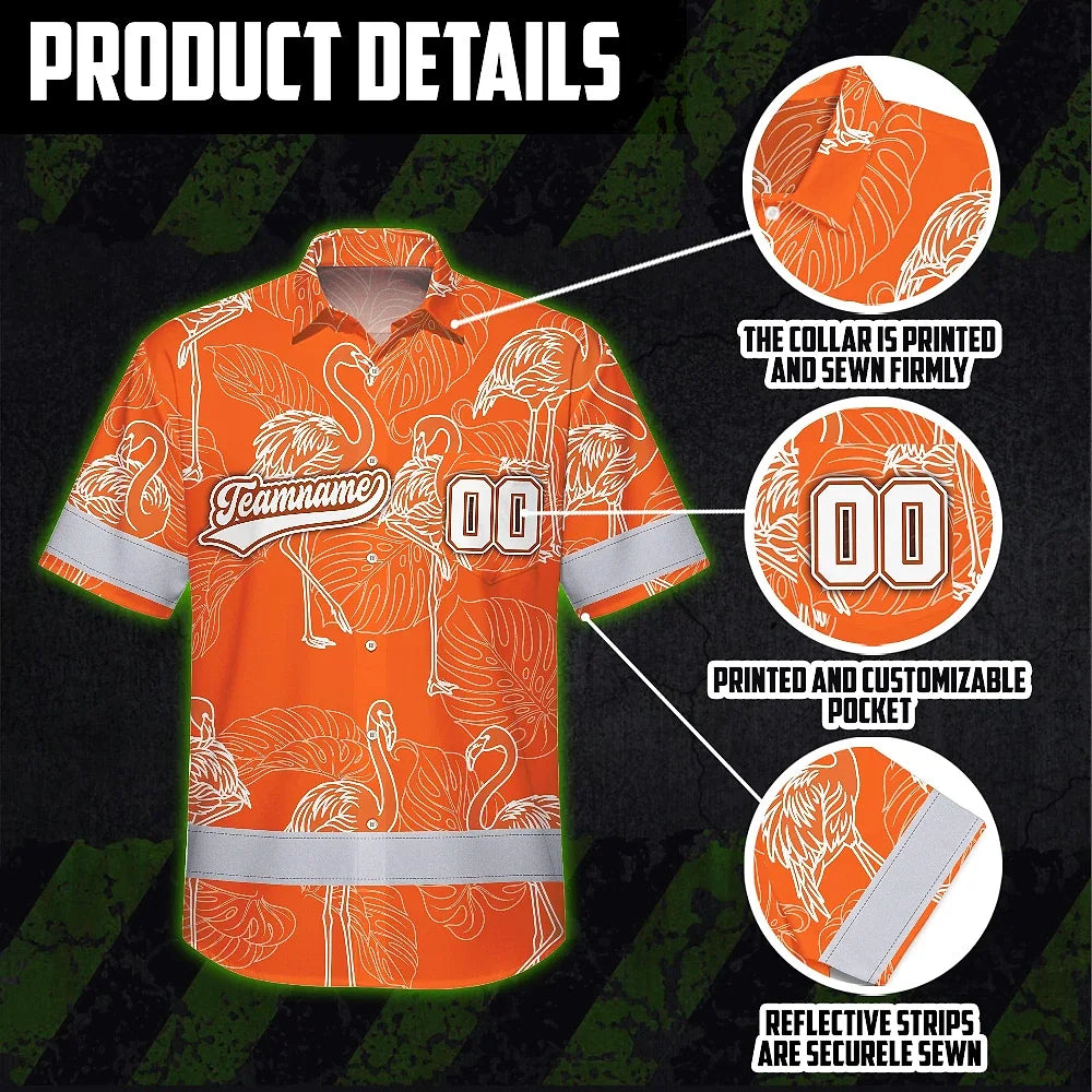Hi Vis Team Hawaiian Shirt Reflective Tapes Orange White Flower Custom Name And Number Safety Workwear For Baseball Team Workers, Truckers, Operators