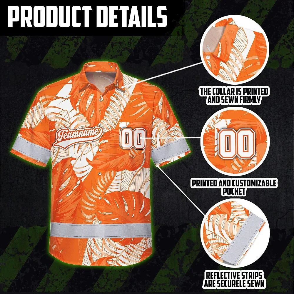 Hi Vis Team Hawaiian Shirt Reflective Tapes Orange White Flower Custom Name And Number Safety Workwear For Baseball Team Workers, Truckers, Operators