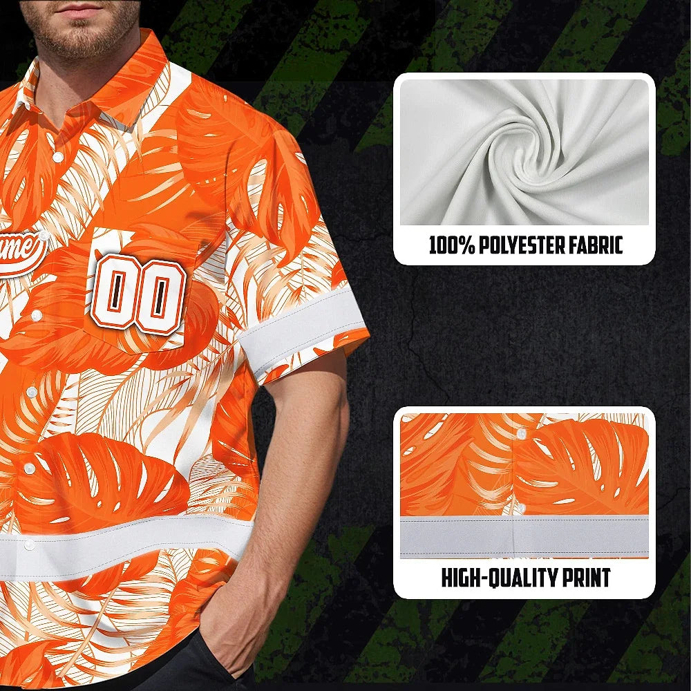 Hi Vis Team Hawaiian Shirt Reflective Tapes Orange White Flower Custom Name And Number Safety Workwear For Baseball Team Workers, Truckers, Operators