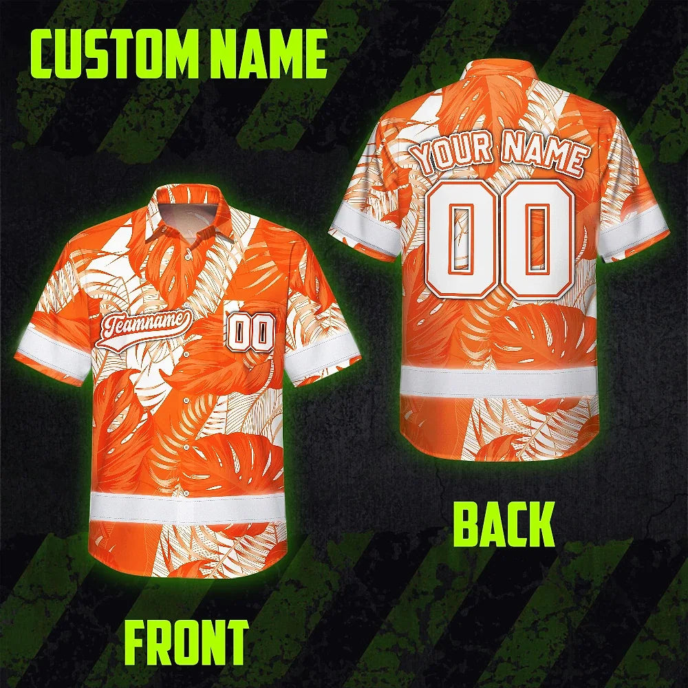 Hi Vis Team Hawaiian Shirt Reflective Tapes Orange White Flower Custom Name And Number Safety Workwear For Baseball Team Workers, Truckers, Operators