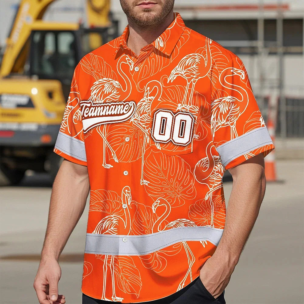Hi Vis Team Hawaiian Shirt Reflective Tapes Orange White Flower Custom Name And Number Safety Workwear For Baseball Team Workers, Truckers, Operators