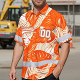 Hi Vis Team Hawaiian Shirt Reflective Tapes Orange White Flower Custom Name And Number Safety Workwear For Baseball Team Workers, Truckers, Operators