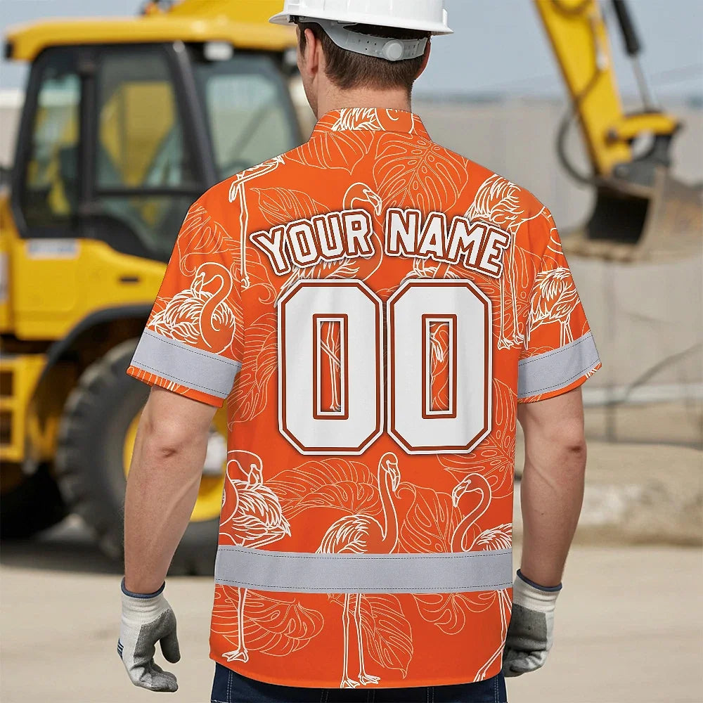 Hi Vis Team Hawaiian Shirt Reflective Tapes Orange White Flower Custom Name And Number Safety Workwear For Baseball Team Workers, Truckers, Operators