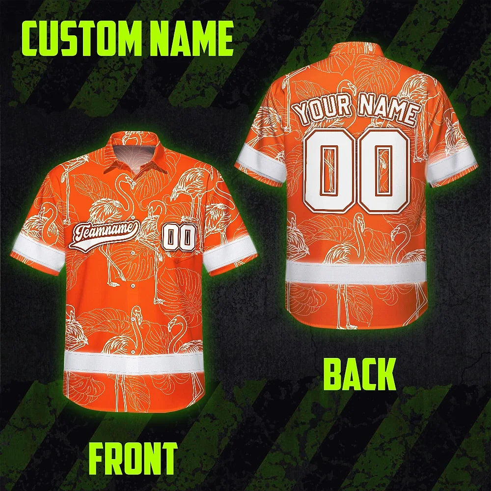 Hi Vis Team Hawaiian Shirt Reflective Tapes Orange White Flower Custom Name And Number Safety Workwear For Baseball Team Workers, Truckers, Operators