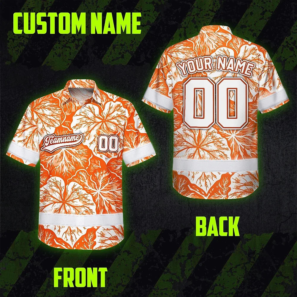 Hi Vis Team Hawaiian Shirt Reflective Tapes Orange White Leaf Custom Name And Number Safety Workwear For Baseball Team Workers, Truckers, Operators
