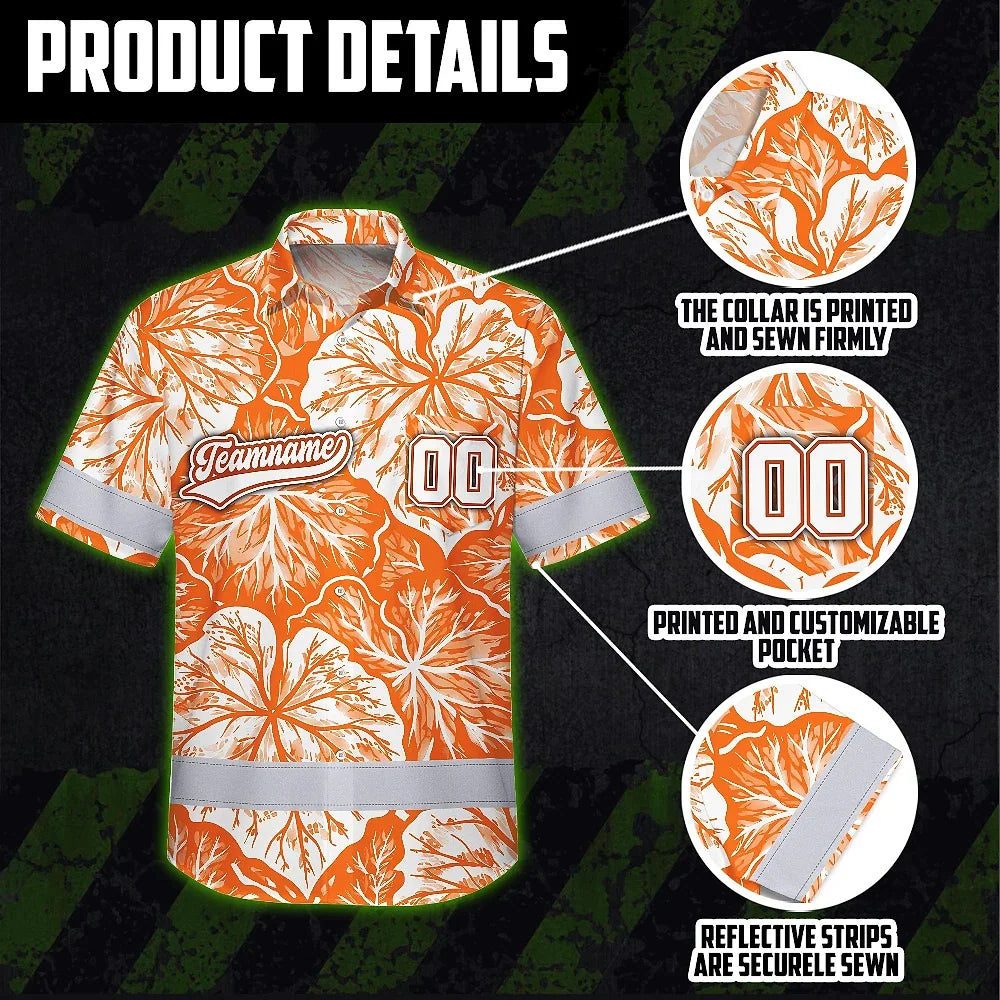 Hi Vis Team Hawaiian Shirt Reflective Tapes Orange White Leaf Custom Name And Number Safety Workwear For Baseball Team Workers, Truckers, Operators