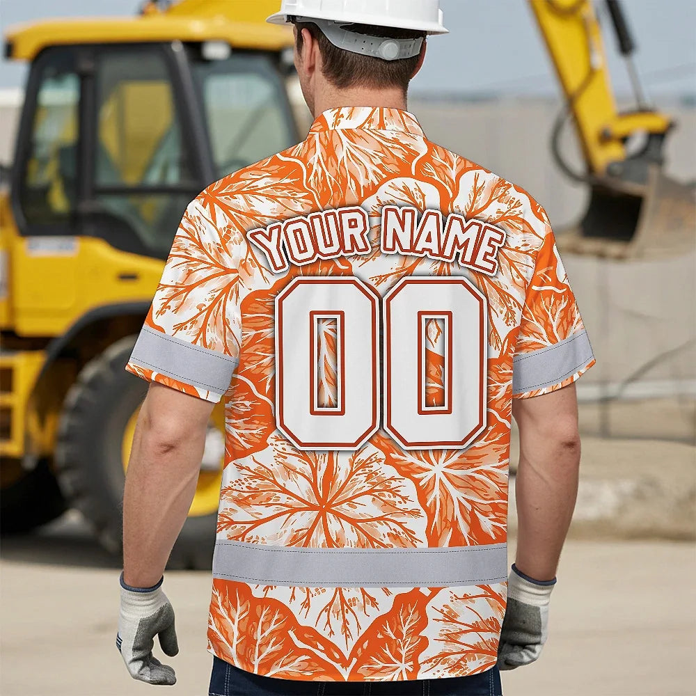 Hi Vis Team Hawaiian Shirt Reflective Tapes Orange White Leaf Custom Name And Number Safety Workwear For Baseball Team Workers, Truckers, Operators