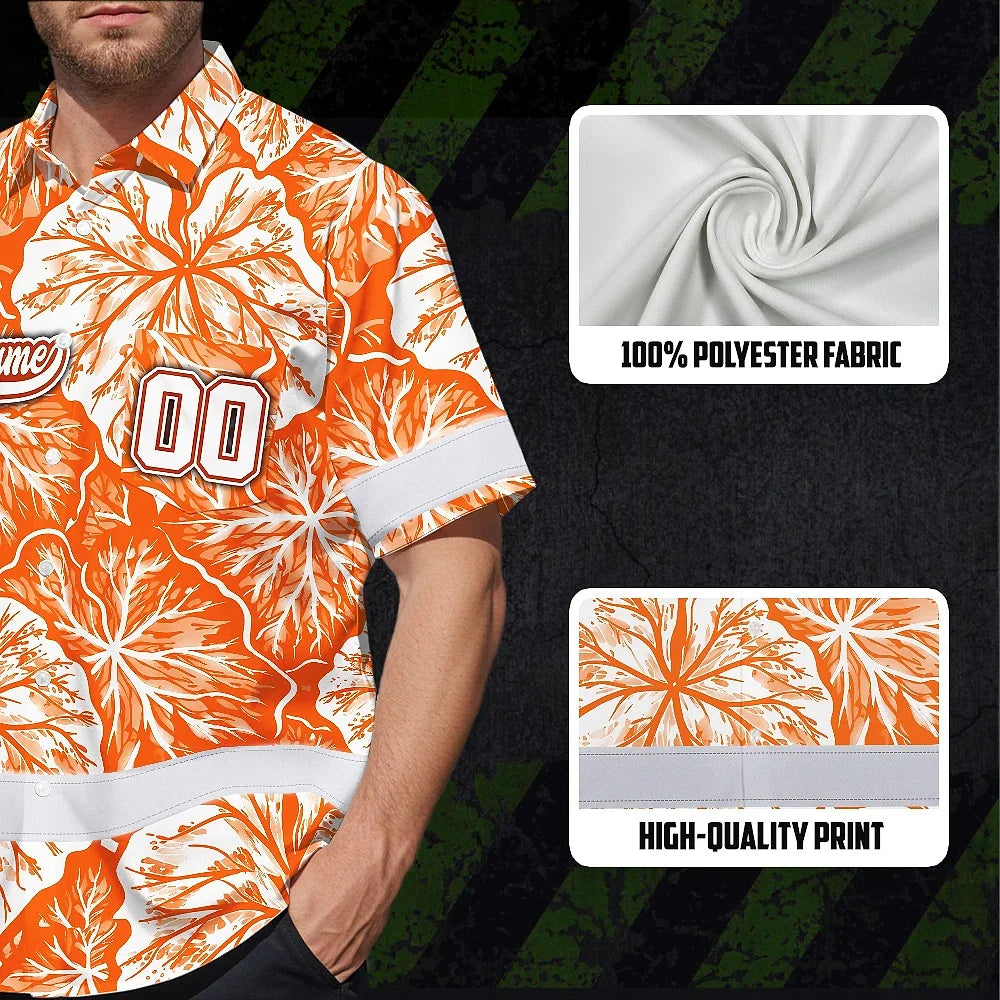 Hi Vis Team Hawaiian Shirt Reflective Tapes Orange White Leaf Custom Name And Number Safety Workwear For Baseball Team Workers, Truckers, Operators