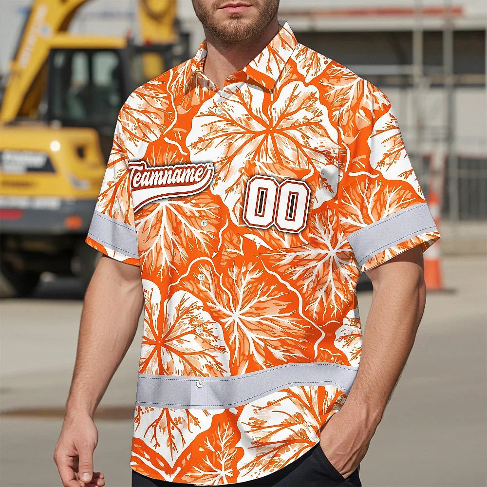 Hi Vis Team Hawaiian Shirt Reflective Tapes Orange White Leaf Custom Name And Number Safety Workwear For Baseball Team Workers, Truckers, Operators