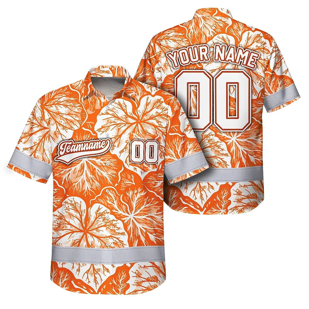 Hi Vis Team Hawaiian Shirt Reflective Tapes Orange White Leaf Custom Name And Number Safety Workwear For Baseball Team Workers, Truckers, Operators