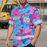 Hi Vis Team Hawaiian Shirt Reflective Tapes Pink Blue Flower Custom Name And Number Safety Workwear For Baseball Team Workers, Truckers, Operators