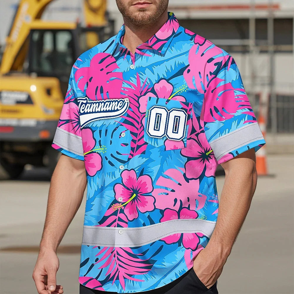 Hi Vis Team Hawaiian Shirt Reflective Tapes Pink Blue Flower Custom Name And Number Safety Workwear For Baseball Team Workers, Truckers, Operators