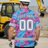 Hi Vis Team Hawaiian Shirt Reflective Tapes Pink Blue Flower Custom Name And Number Safety Workwear For Baseball Team Workers, Truckers, Operators
