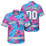 Hi Vis Team Hawaiian Shirt Reflective Tapes Pink Blue Flower Custom Name And Number Safety Workwear For Baseball Team Workers, Truckers, Operators