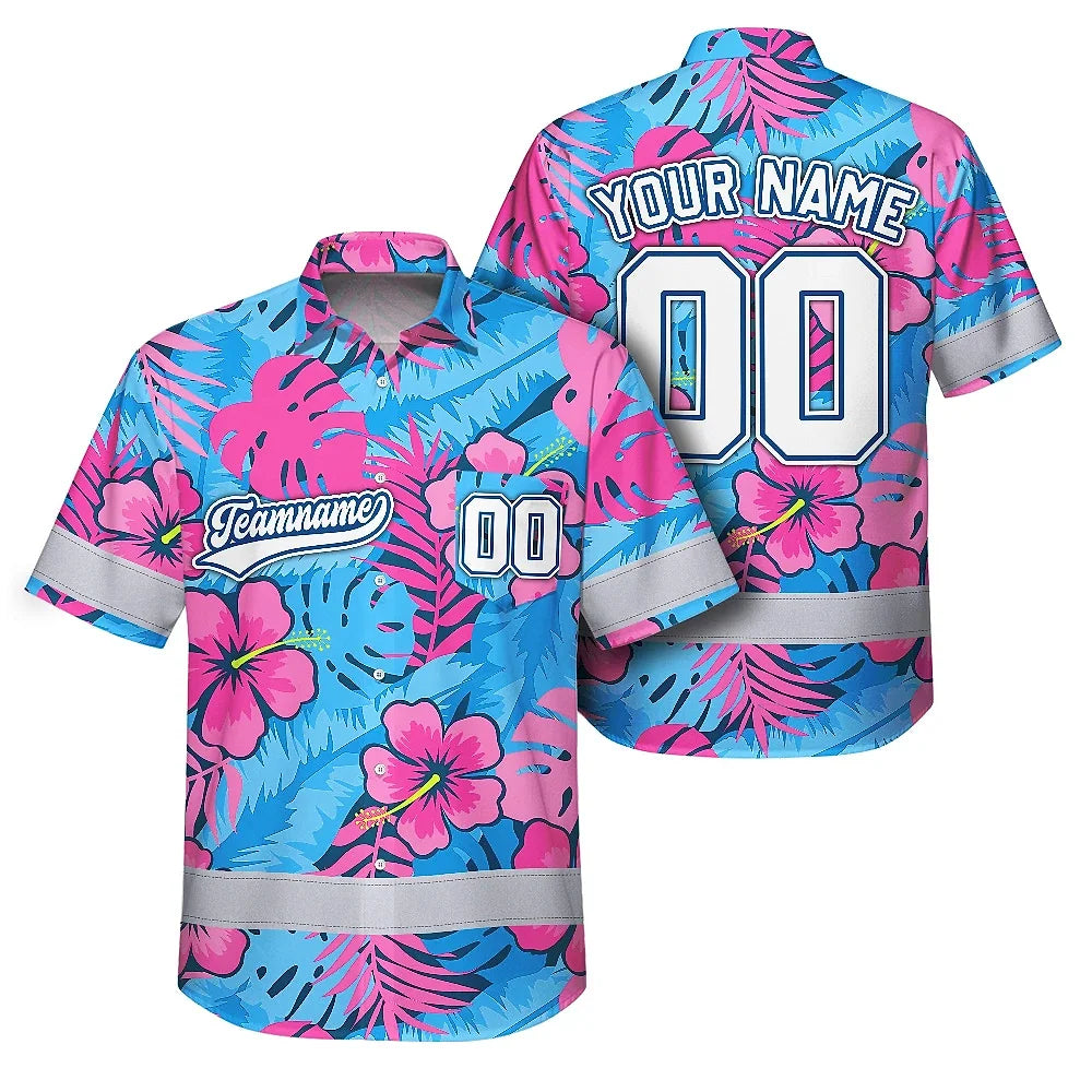 Hi Vis Team Hawaiian Shirt Reflective Tapes Pink Blue Flower Custom Name And Number Safety Workwear For Baseball Team Workers, Truckers, Operators