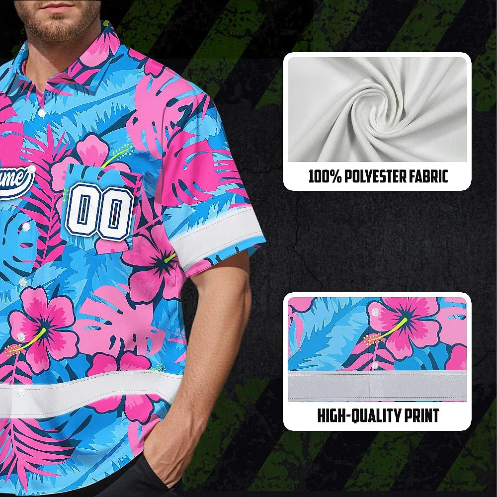 Hi Vis Team Hawaiian Shirt Reflective Tapes Pink Blue Flower Custom Name And Number Safety Workwear For Baseball Team Workers, Truckers, Operators