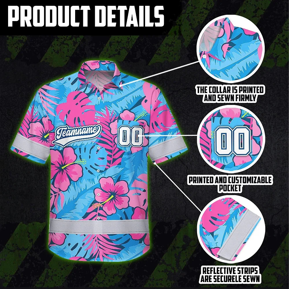 Hi Vis Team Hawaiian Shirt Reflective Tapes Pink Blue Flower Custom Name And Number Safety Workwear For Baseball Team Workers, Truckers, Operators