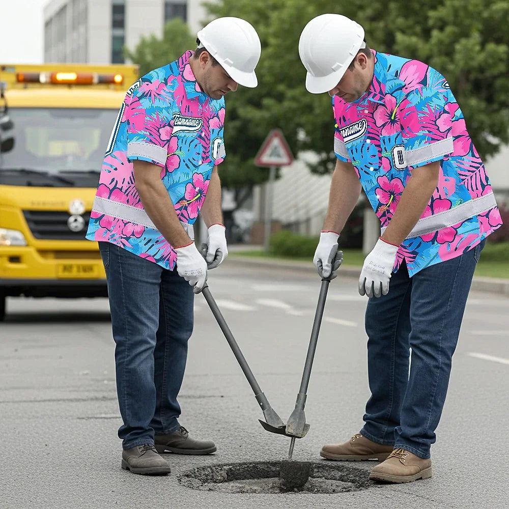 Hi Vis Team Hawaiian Shirt Reflective Tapes Pink Blue Flower Custom Name And Number Safety Workwear For Baseball Team Workers, Truckers, Operators