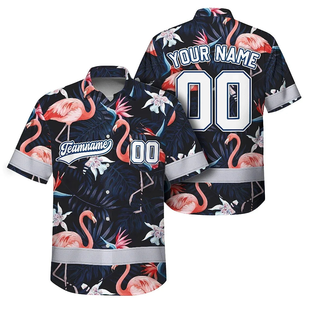 Hi Vis Team Hawaiian Shirt Reflective Tapes Pink Flamingo Custom Name And Number Safety Workwear For Workers, Truckers, Operators