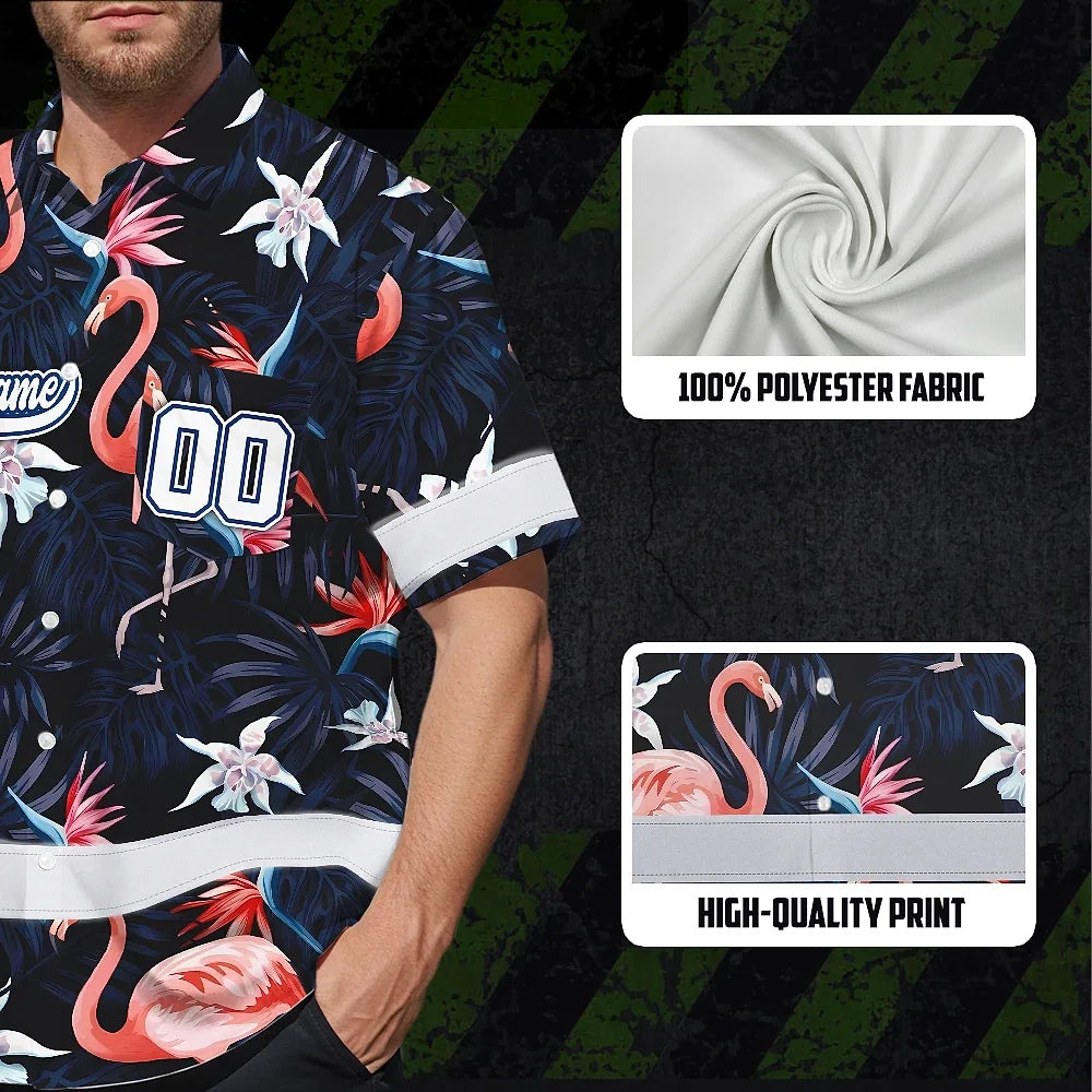 Hi Vis Team Hawaiian Shirt Reflective Tapes Pink Flamingo Custom Name And Number Safety Workwear For Workers, Truckers, Operators