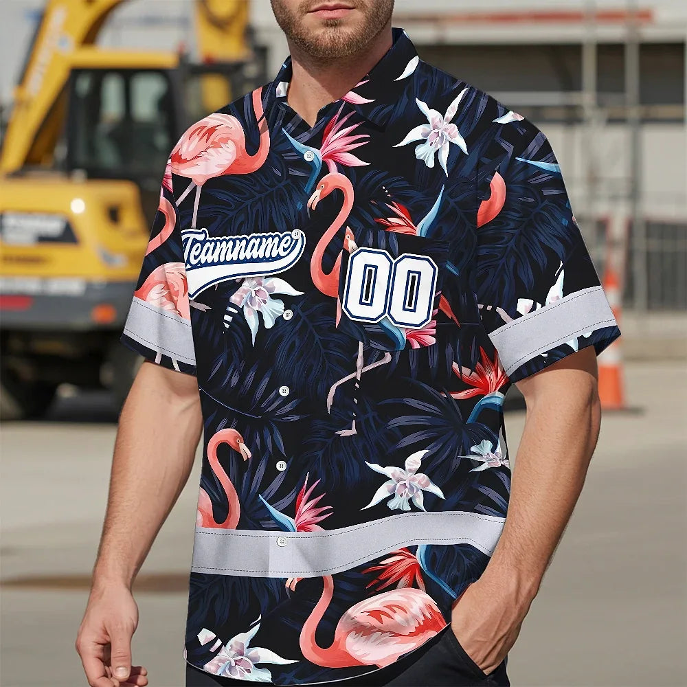 Hi Vis Team Hawaiian Shirt Reflective Tapes Pink Flamingo Custom Name And Number Safety Workwear For Workers, Truckers, Operators