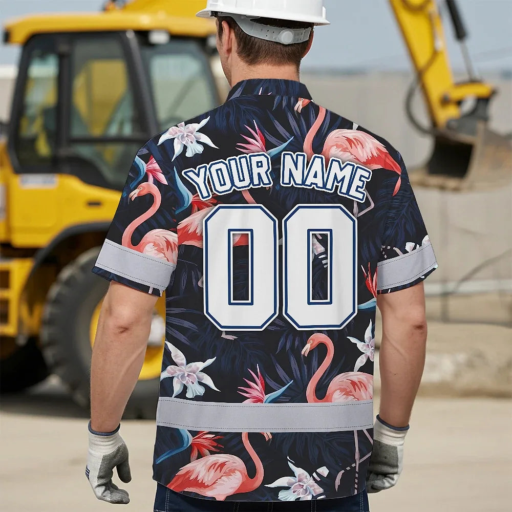 Hi Vis Team Hawaiian Shirt Reflective Tapes Pink Flamingo Custom Name And Number Safety Workwear For Workers, Truckers, Operators