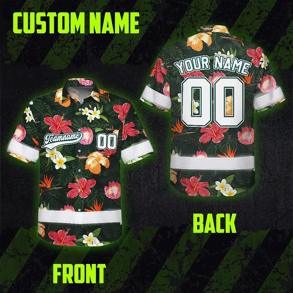 Hi Vis Team Hawaiian Shirt Reflective Tapes Pink Flowers Custom Name And Number Safety Workwear For Workers, Truckers, Operators