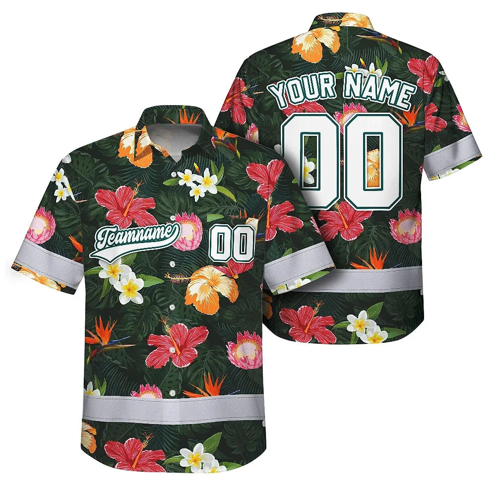 Hi Vis Team Hawaiian Shirt Reflective Tapes Pink Flowers Custom Name And Number Safety Workwear For Workers, Truckers, Operators