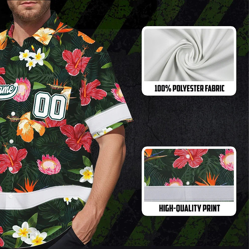 Hi Vis Team Hawaiian Shirt Reflective Tapes Pink Flowers Custom Name And Number Safety Workwear For Workers, Truckers, Operators
