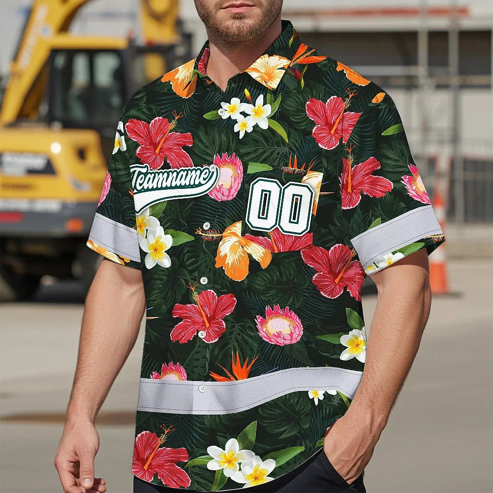 Hi Vis Team Hawaiian Shirt Reflective Tapes Pink Flowers Custom Name And Number Safety Workwear For Workers, Truckers, Operators