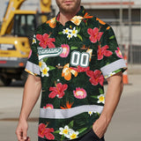 Hi Vis Team Hawaiian Shirt Reflective Tapes Pink Flowers Custom Name And Number Safety Workwear For Workers, Truckers, Operators