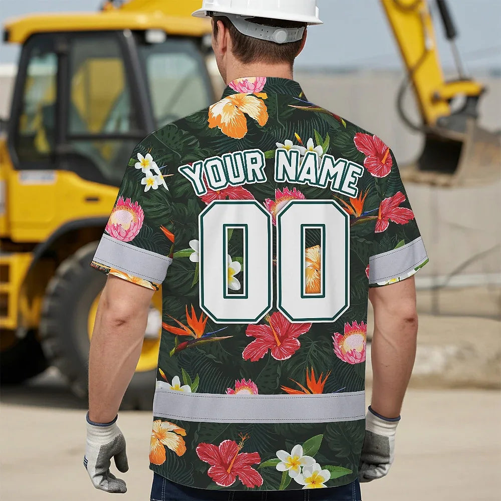 Hi Vis Team Hawaiian Shirt Reflective Tapes Pink Flowers Custom Name And Number Safety Workwear For Workers, Truckers, Operators