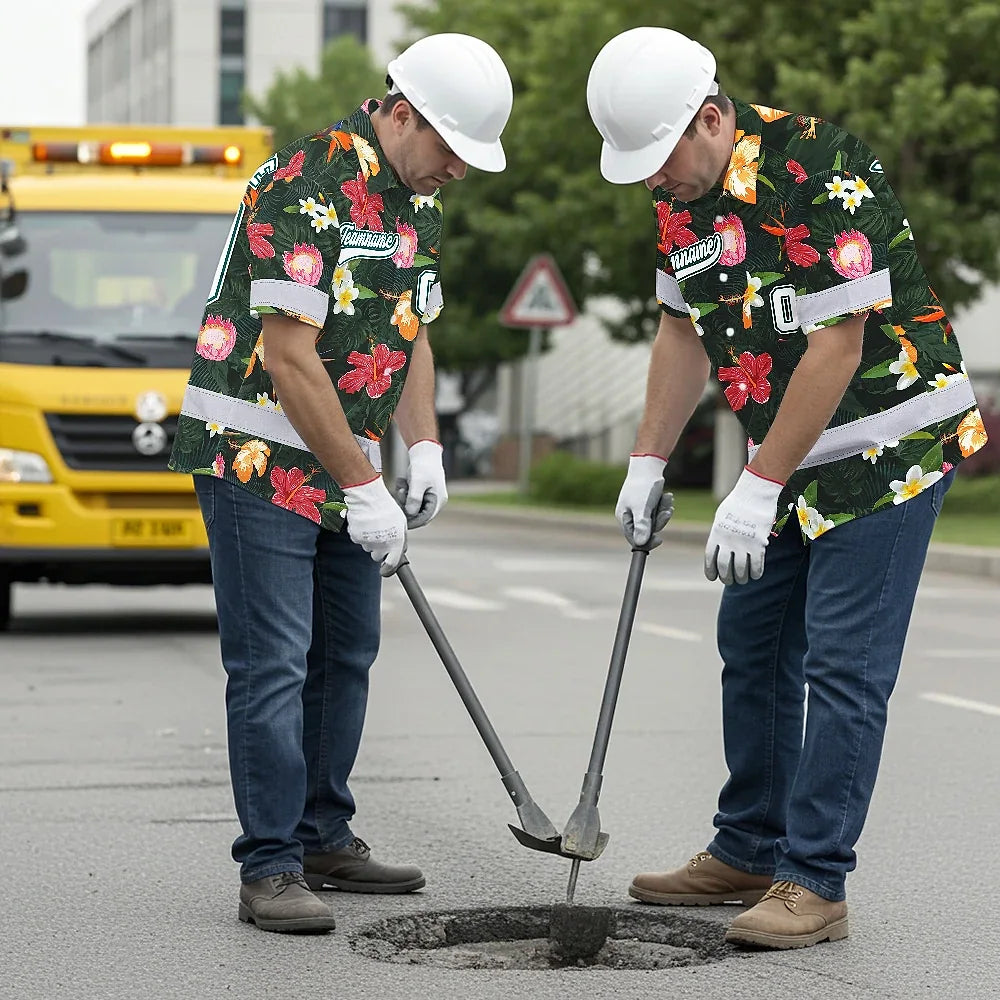 Hi Vis Team Hawaiian Shirt Reflective Tapes Pink Flowers Custom Name And Number Safety Workwear For Workers, Truckers, Operators