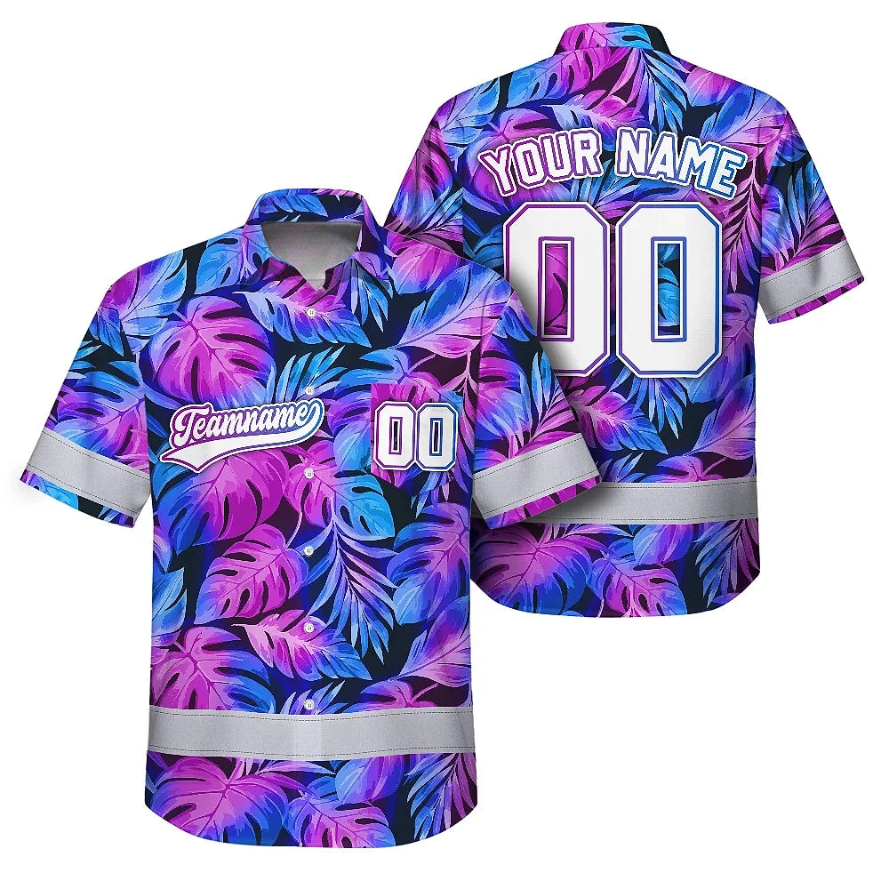 Hi Vis Team Hawaiian Shirt Reflective Tapes Pink Violet Custom Name And Number Safety Workwear For Workers, Truckers, Operators