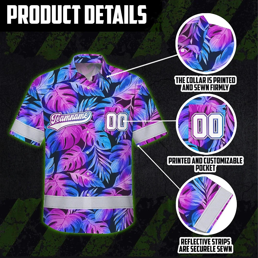 Hi Vis Team Hawaiian Shirt Reflective Tapes Pink Violet Custom Name And Number Safety Workwear For Workers, Truckers, Operators