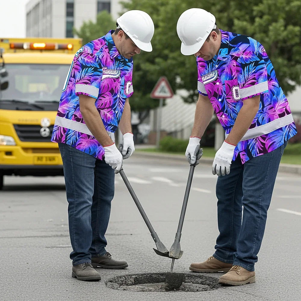 Hi Vis Team Hawaiian Shirt Reflective Tapes Pink Violet Custom Name And Number Safety Workwear For Workers, Truckers, Operators